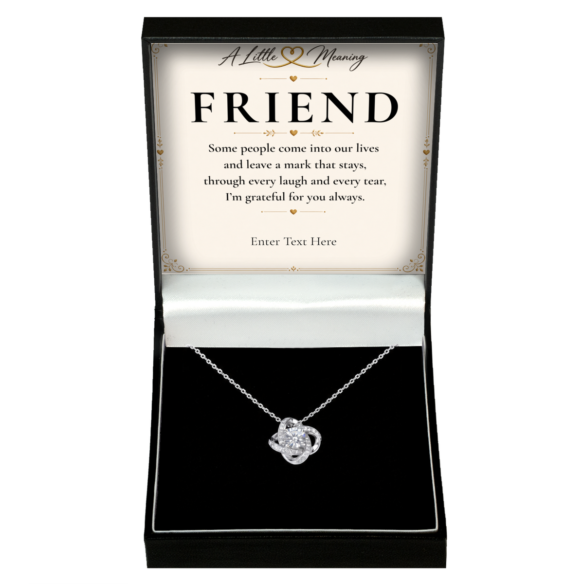 The Forever Friend Necklace: love knot pendant in a gift box with a personalised message card