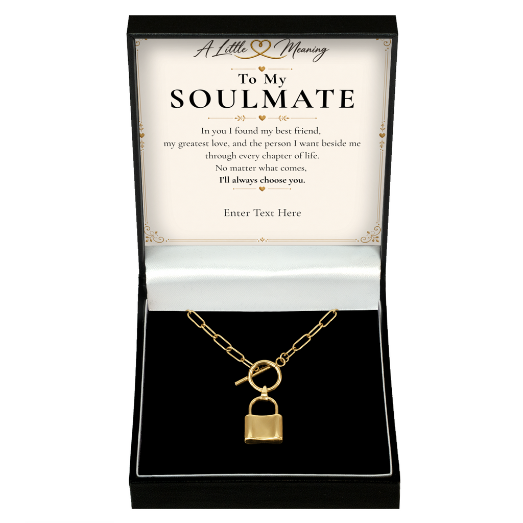The Golden Bond Soulmate Necklace: gold-tone padlock pendant in a gift box with a personalised message card