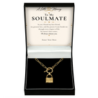 The Golden Bond Soulmate Necklace: gold-tone padlock pendant in a gift box with a personalised message card
