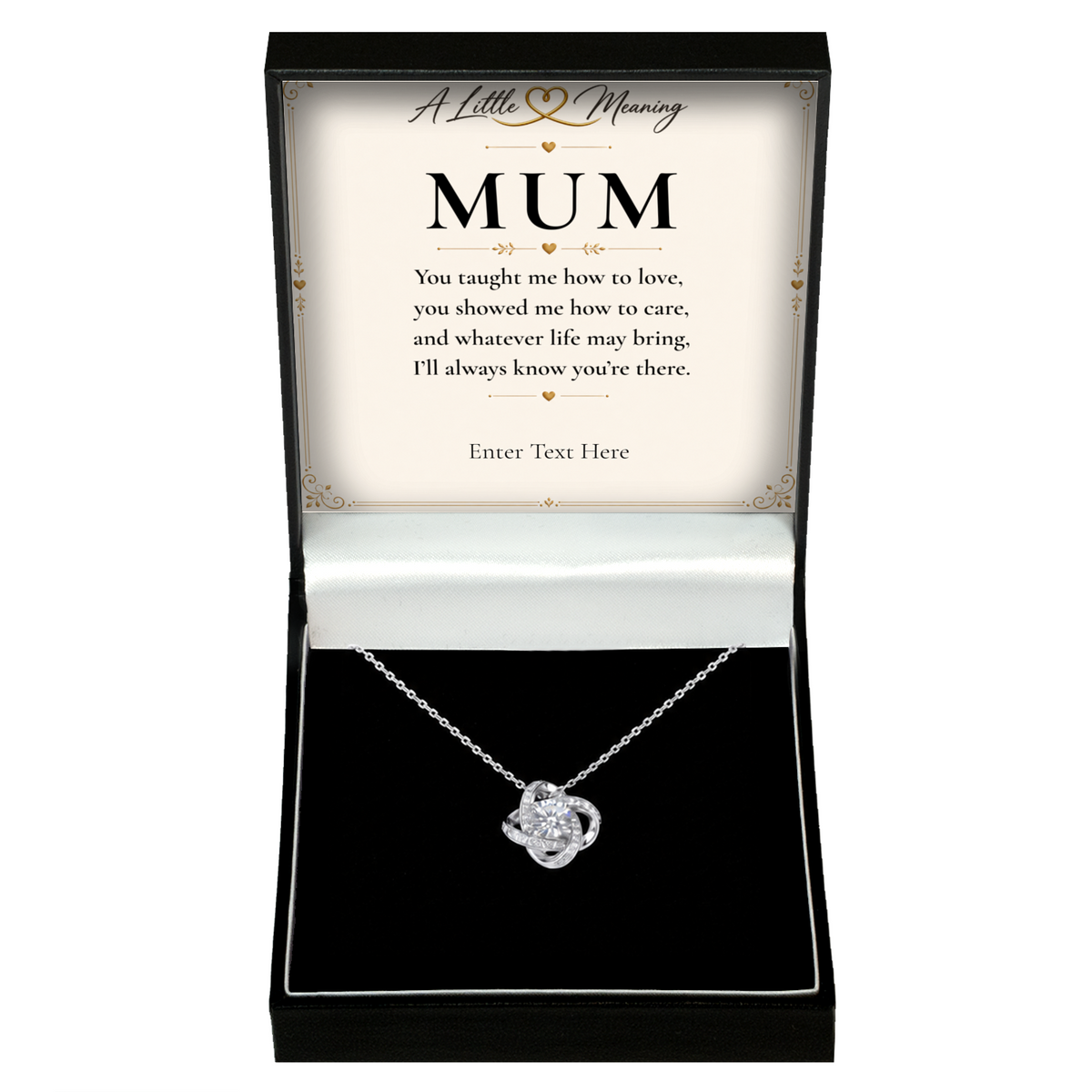 The Forever Mum Necklace: love knot pendant in a gift box with a personalised message card